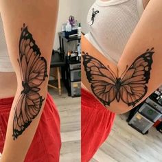 a woman with a butterfly tattoo on her thigh