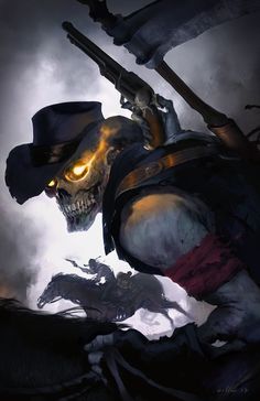 Forever Bandits, Carlos Villa on ArtStation at https://www.artstation.com/artwork/qoeG2 Western Skeleton Art, Skeleton Cowboy Drawing, Mothman Dnd, Gunslinger Warlock, Skeleton Cowboy Art, Undead Cowboy, Skeleton Character Design, Fantasy Western, Gothic Western