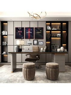 an office with two stools in front of a desk and bookshelves on the wall