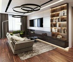 modern living room with wood flooring and built in bookshelves