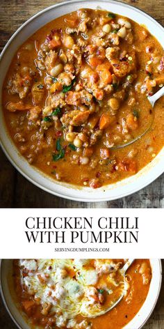 chicken chili with pumpkin in a white bowl on top of a wooden table next to a spoon