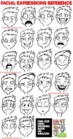 cartoon faces with different facial expressions and haircuts for kids to draw on paper