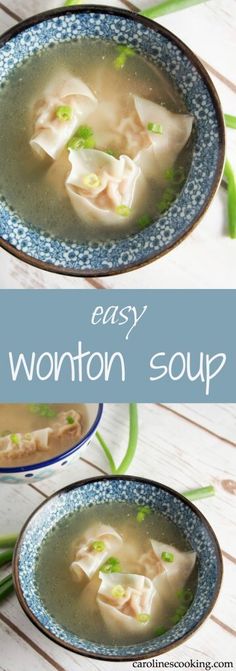 two bowls filled with wonton soup on top of a wooden table