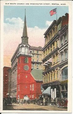 an old postcard shows the church and main street in boston, mass with horse drawn carriages