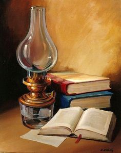 an oil painting of books and a glass vase on a table with a candle in it