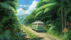 a green bus driving down a dirt road surrounded by lush greenery and palm trees