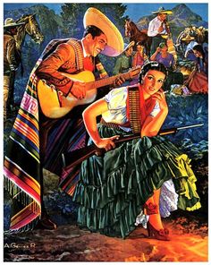 a painting of a man and woman playing the guitar