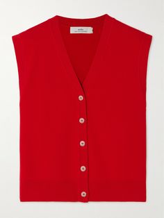 Arch4's 'Saloni' vest is knitted from cozy cashmere, so not only will it keep you snug but it feels irresistibly soft too. The 'Postbox Red' palette is offset by lustrous shell buttons - the ideal way to introduce a pop of color to your luxury knitwear edit. Red Knit Vest For Winter, Luxury Fitted Red Vest, Red Knit Winter Vest, Red Knit Sleeveless Sweater Vest, Red Fitted Knit Sweater Vest, Luxury Knitwear, Red Palette, Net Sustain, Scarf Jacket