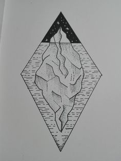 a drawing of an iceberg with mountains and stars in the sky on it's back