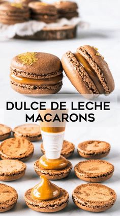 an advertisement for macarons with the words, dulce de leche macarons