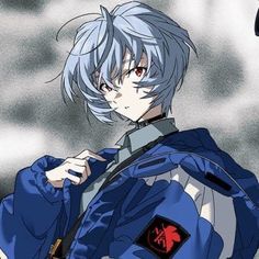 an anime character with white hair and blue eyes wearing a blue jacket, standing in front of a gray background