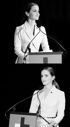 a black and white photo of a woman giving a speech at a podium with microphones