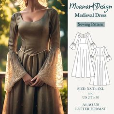 Our product is as follows: Natural waisted dress,bell sleeve, full-circle long skirt, wide scoop-neck medieval dress. **US Sizes: 2, 4, 6, 8, 10, 12, 14, 16, 18, 20, 22, 24, 26, 28, 30 **Standard Sizes: XS, S, M, L, XL, 2XL, 3XL, 4XL **These patterns are suitable for A4, A0, and US Letter size papers. Welcome to my Etsy shop! Discover the perfect combination of elegance and practicality. Purchase and download the digital pattern, print it in your preferred format, and sew it with the fabric of y Battle Outfits Women Medieval, Ren Faire Dress Pattern, Medieval Sewing Patterns, Medieval Dress Pattern, Bell Sleeve Pattern, Ren Faire Outfits, Medieval Cloak, Dress Bell Sleeve, Ren Faire Costume