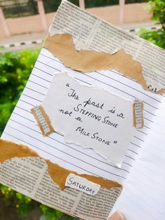 Aesthetic Journal made up of scrap papers and newspaper which has a quote. Quotes Aesthetic For Journal, How To Write Diary Aesthetic, Cute Dairy Writing Ideas Aesthetic, How To Make Diary Aesthetic, Aesthetic Quotes For Journal, Aesthetic Things To Do In Diary, Journal Ideas Creative Aesthetic, Dairy Journal Ideas Aesthetic