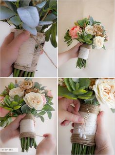 the wedding bouquet is being held by someone's hand