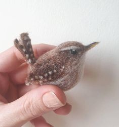 a tiny bird sitting on top of someone's hand next to a white wall