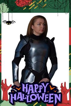 a woman dressed as a knight standing in front of a halloween card with the words happy halloween on it