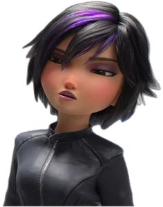 an animated character with purple hair and black leather clothes, looks to the side as if she