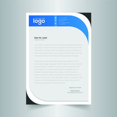 a blue and white letterhead on a gray background with the word logo above it