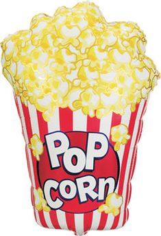 a large popcorn bag filled with yellow and white striped pop corn kernels on a white background