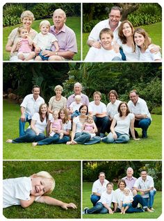 the family is posing for pictures in their yard