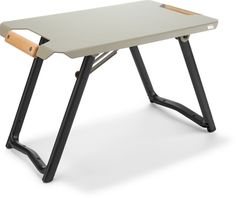 a small table with a wooden handle on it's legs and a white top