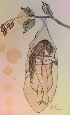 watercolor and ink drawing of a woman in a pod