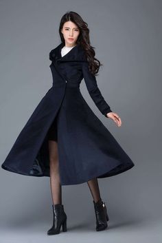 Midi wool coat, wool coat, womens winter coats, dress coat, navy blue coat, flare coat, warm coat, s Midi Dress With Coat, Dress With Coat, Womens Winter Coats, Dress Coats, Interesting Fashion, Winter Coat Dress, Navy Blue Coat, Dresses Australia, Womens Coats