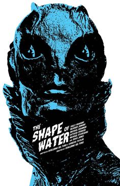 the shape of water poster with an alien face and words on its forehead, in blue ink