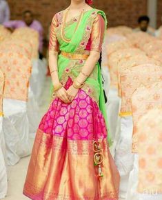 Classic pink and green combo of langa voni Pink Half Sarees, Siri Designers, Ikkat Dresses, Lehenga Saree Design, Kids Blouse Designs