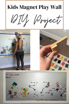 kids magnet play wall with the words diy project written on it and pictures of children's artwork