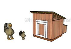 an image of a chicken coop with two chickens in it and one bird on the ground