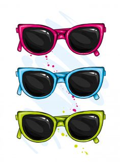 three pairs of sunglasses with different colors and shapes on the lens, one in black, one in pink