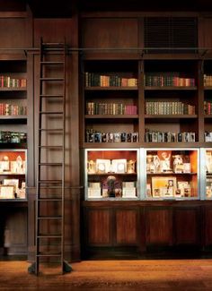 an empty library with ladders to the bookshelves and shelves full of books