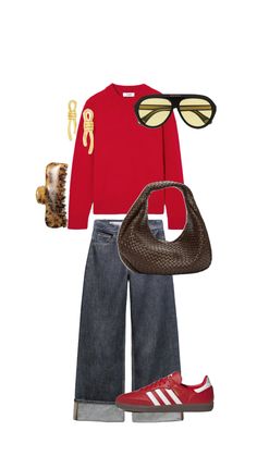 a woman in red sweater and jeans with handbag, shoes and purse on white background