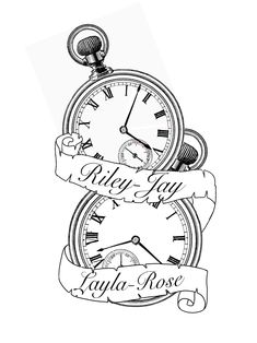 a black and white drawing of a pocket watch with the words ruby kay on it