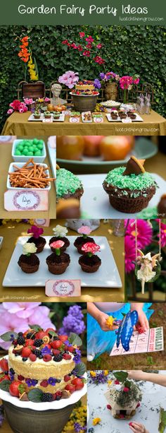 garden fairy party ideas with cupcakes, cakes and desserts on the table