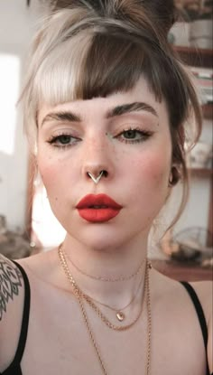 Septum Piercing Makeup, Unique Septum Jewelry, Unique Septum, Dyed Bangs, Gemini Hair, Color Block Hair, Split Dyed Hair, Baby Bangs, Hot Hair Colors