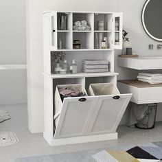 a bathroom with a sink, mirror and shelves in it