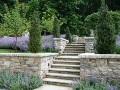 a stone wall with steps leading up to it and purple flowers growing on the side