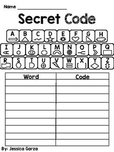 the secret code worksheet is shown in black and white, which includes an image of