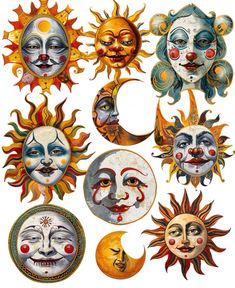 the sun and moon faces are painted in different colors