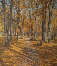 an oil painting of a path in the woods with trees and leaves on the ground