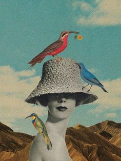 a woman wearing a hat with birds perched on it's head and mountains in the background