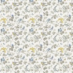 a wallpaper with birds and flowers on it's side in grey, yellow and white