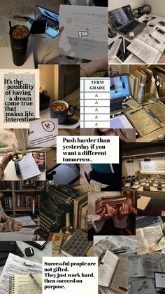 a collage of photos with words and pictures on them that include books, papers, laptops