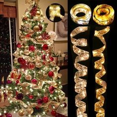 two christmas trees decorated with gold and red ornaments, one in the shape of a tree