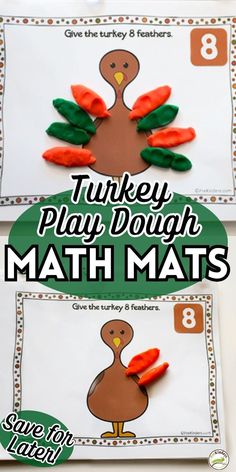 two turkey play dough math mats with the words turkey play dough on them and an image of