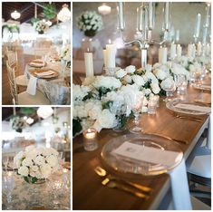 the table is set with white flowers and candles