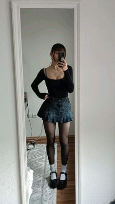 Demon Skirt Outfits, Denim Skirt With Stockings Outfit, Jean Skirt Black Tights, Stockings And Skirt Outfit, How To Style Denim Skirt Women, How To Style Stockings With Skirt, How To Style Skirt In Winter, Denim Skirt And Stockings Outfit, Jean Skirt Tights Outfits